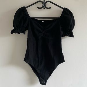 Black Ribbed Bodysuit with Puffed Short Sleeves